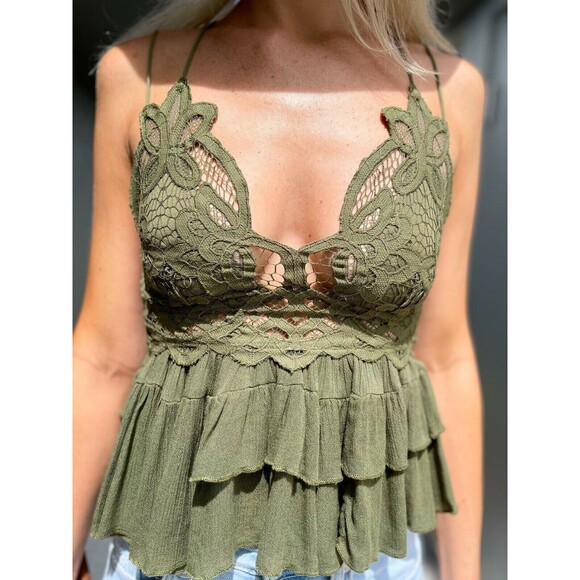 Intimately Free People Adella Cami Blouse Top Crochet Lace Flowy Green XS 282030 - Picture 4 of 11
